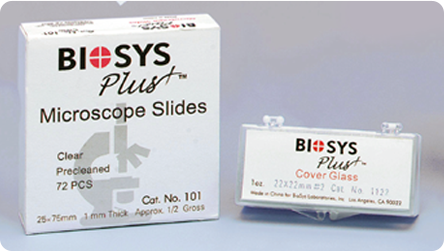 Boxes of BioSys Plus microscope slides and cover glass
