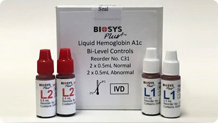BioSys Plus liquid Hemoglobin A1c bi-level controls, box and dropper vials