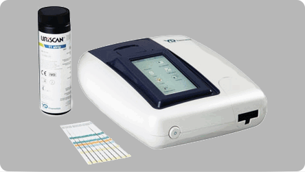 UriScan Optima urine analyzer with a vial of UriScan test strips