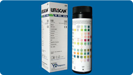Box and vial of UriScan 10SGL urine test strips