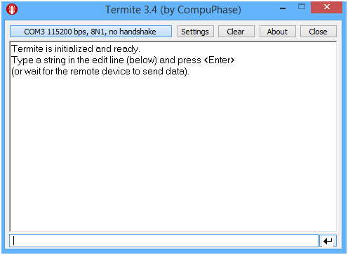 Termite main window showing COM3 115200 bps, 8N1, connected and ready