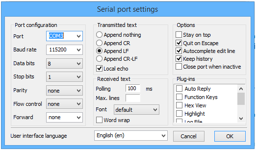 Termite Serial port settings window: Port COM3, Baud rate 115200, Data bits 8, Stop bits 1, Parity none